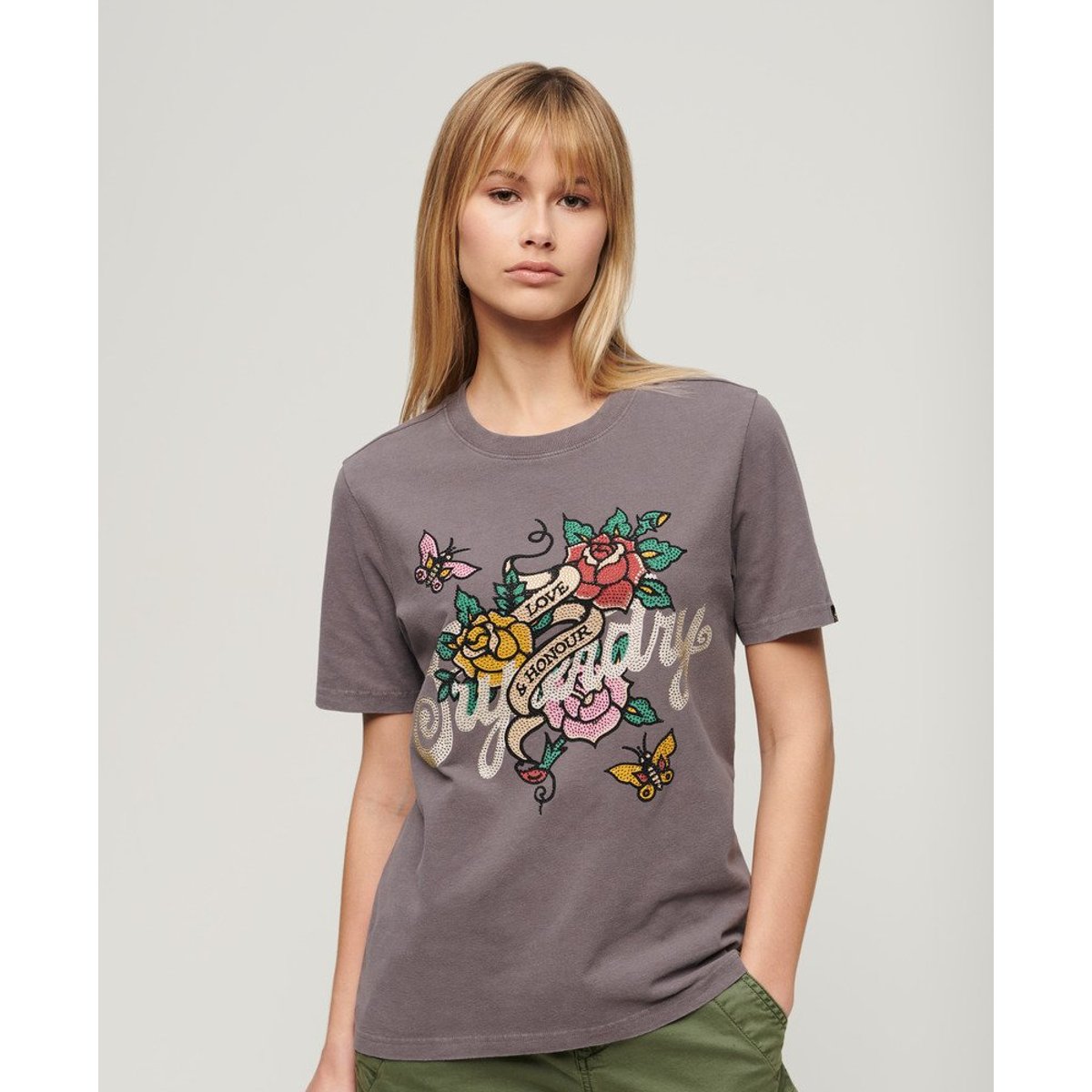 T-shirt à motif tatouage Script kaki mousse, SUPERDRY