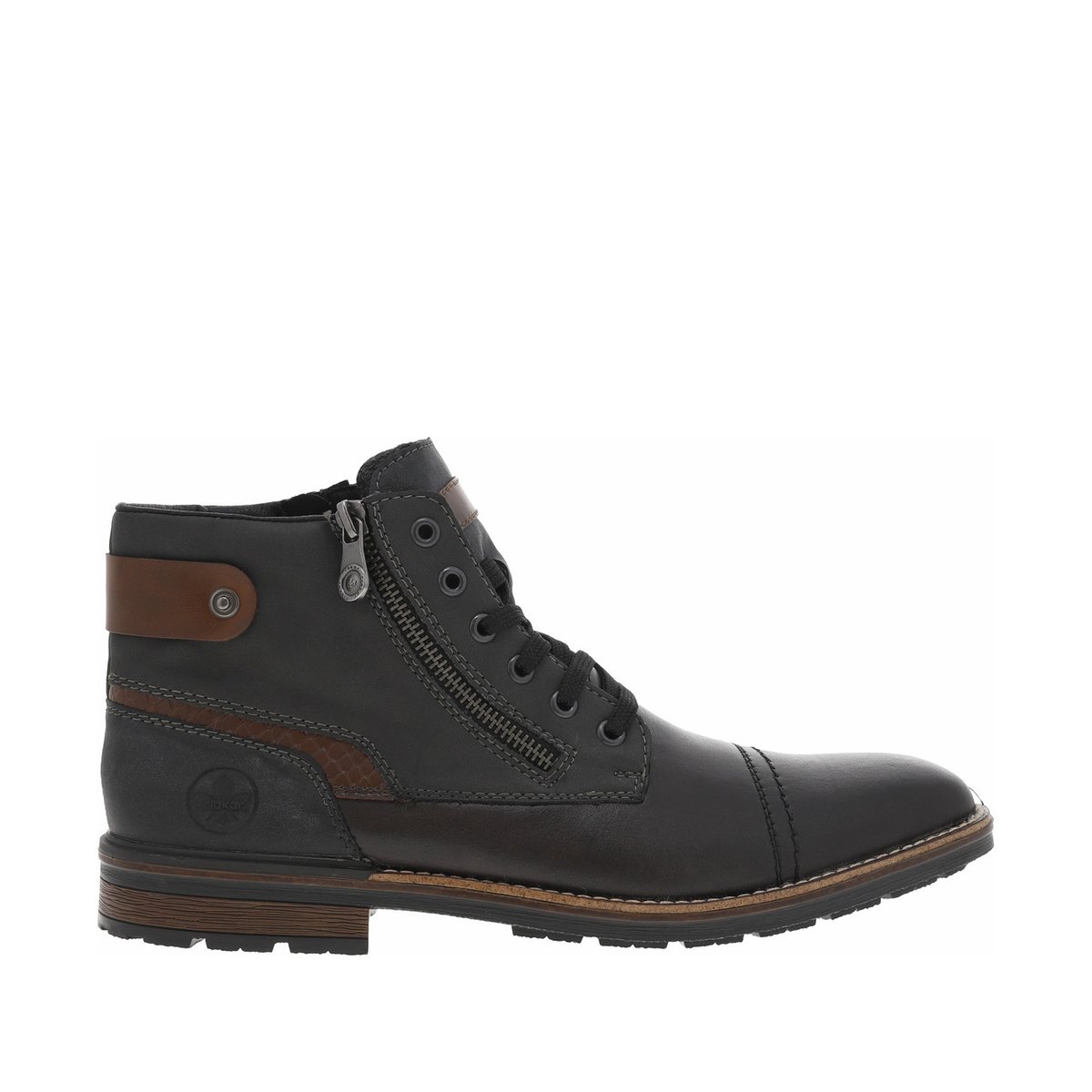 Bottines en cuir grises à talon décroché bas avec des lacets et 2 zips latéraux grises, RIEKER