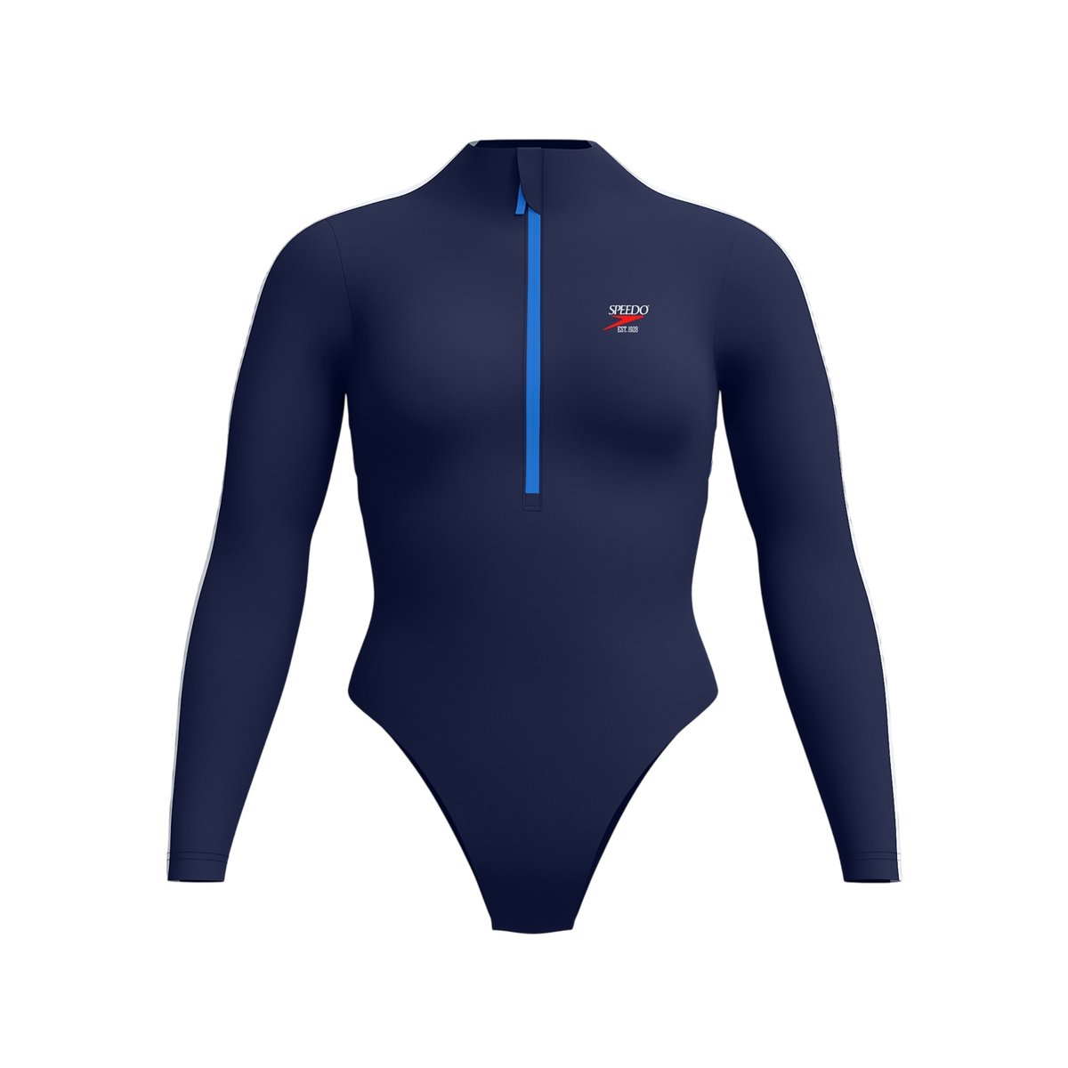 Maillot de bain 1 pièce à manches longues et col montant zippé bleu marine / rouge, SPEEDO