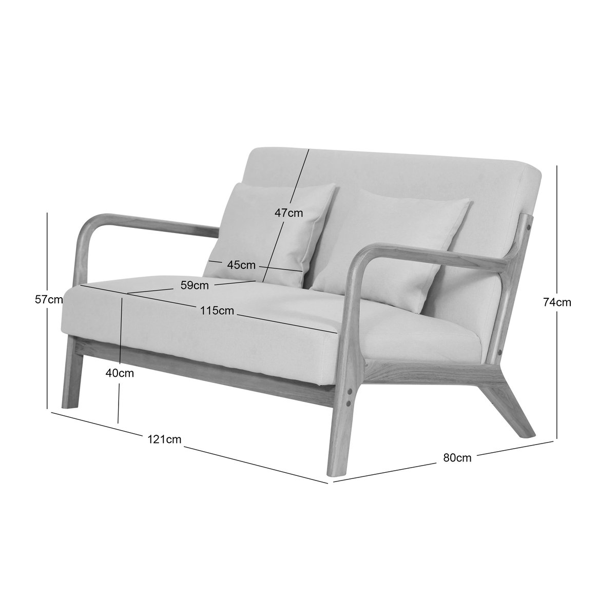 Banquette 2 places, bois massif et tissu beige, NORDLYS