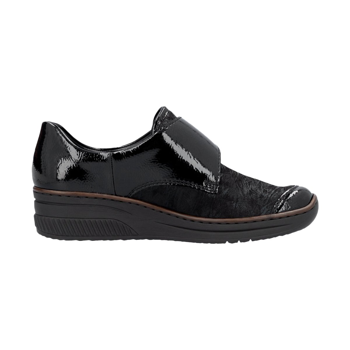 Sneakers noires vernies à talon compensé bas et à bande auto-agrippante noires vernies, RIEKER