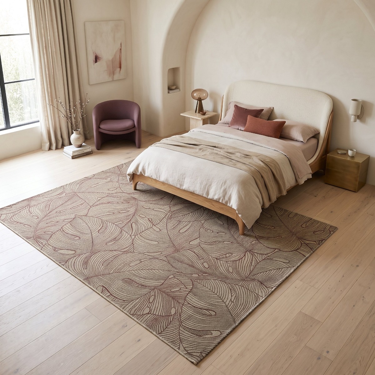 Tapis extérieur intérieur  bordeaux motif feuillage ORSA beige et bordeaux, THE DECO FACTORY