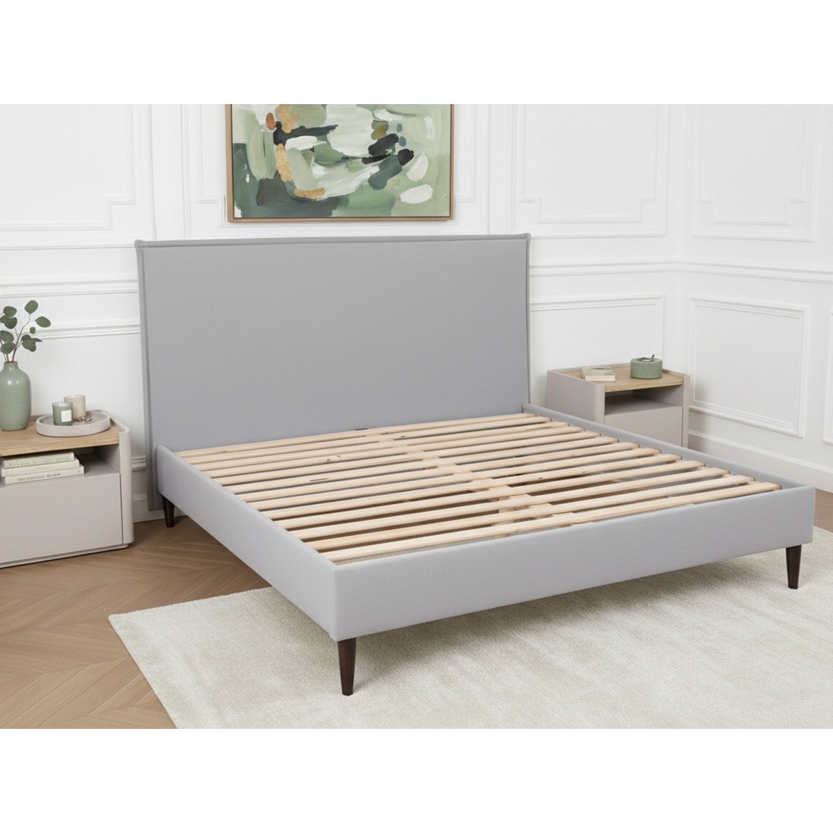 Lit bois revêtement tissu, SARY gris, BOBOCHIC