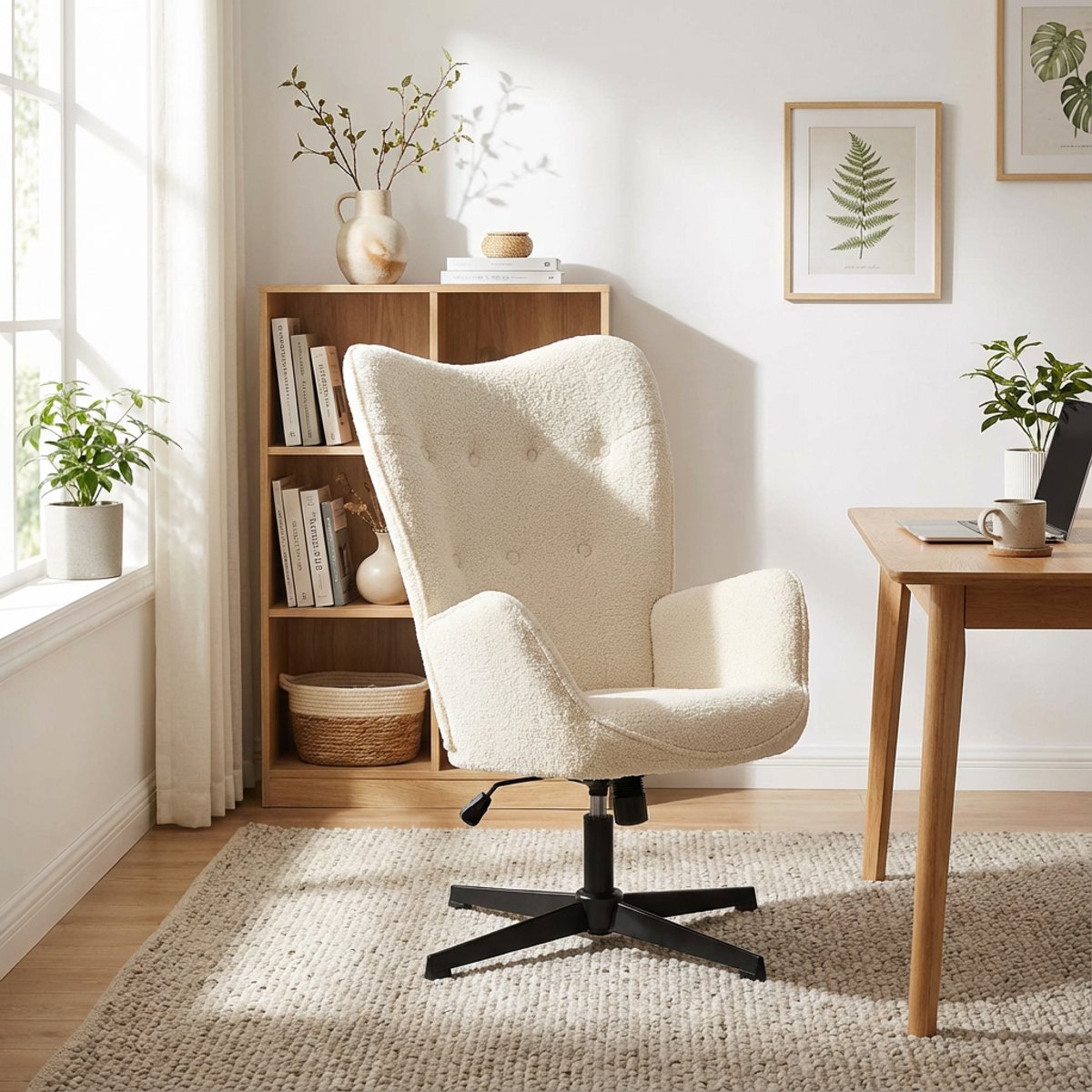 Chaise de bureau rotatif réglable en hauteur en bouclette, FUCHSO beige, MEUBLES COSY