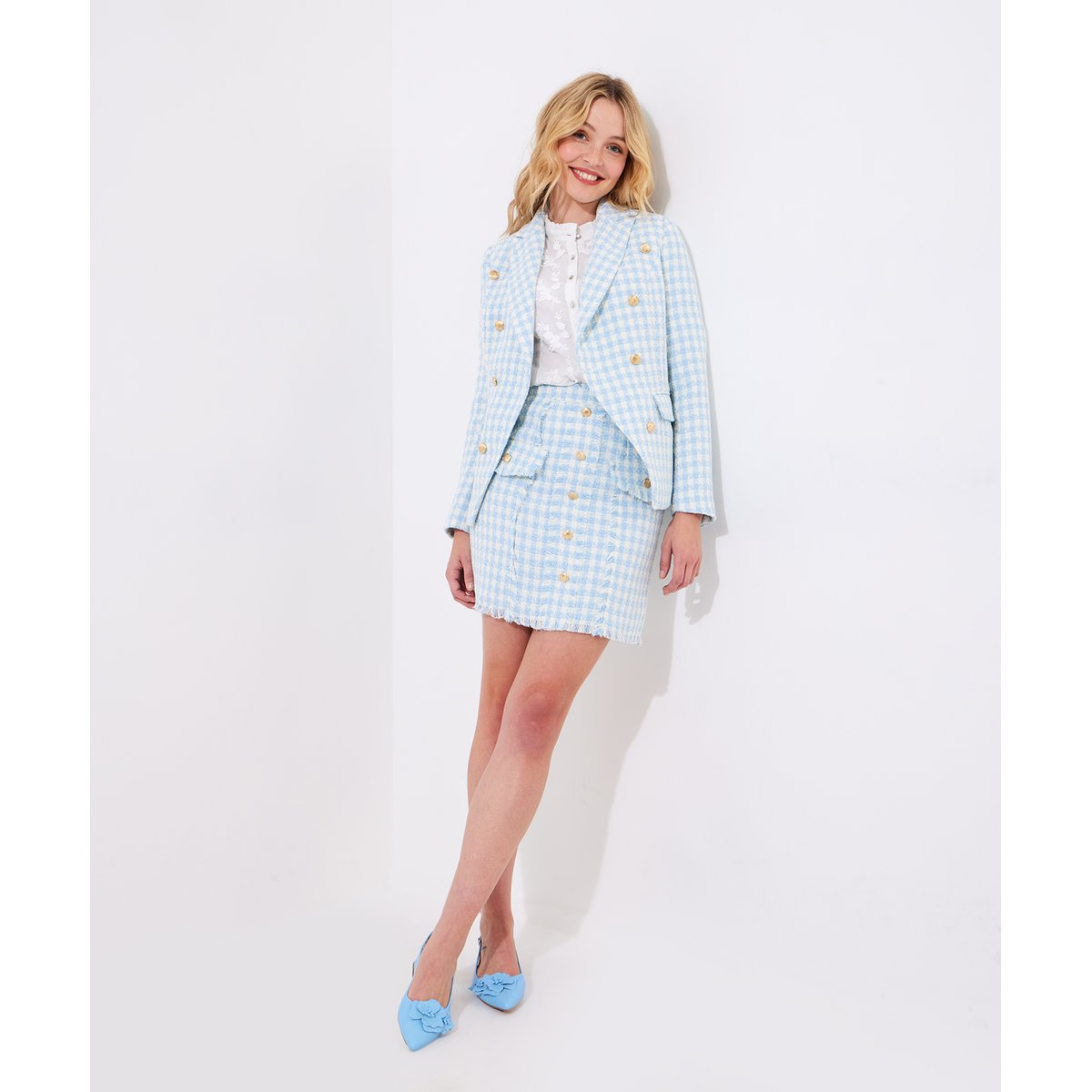 Jupe Mini Carreaux et Bouton Fantaisie bleu, JOE BROWNS