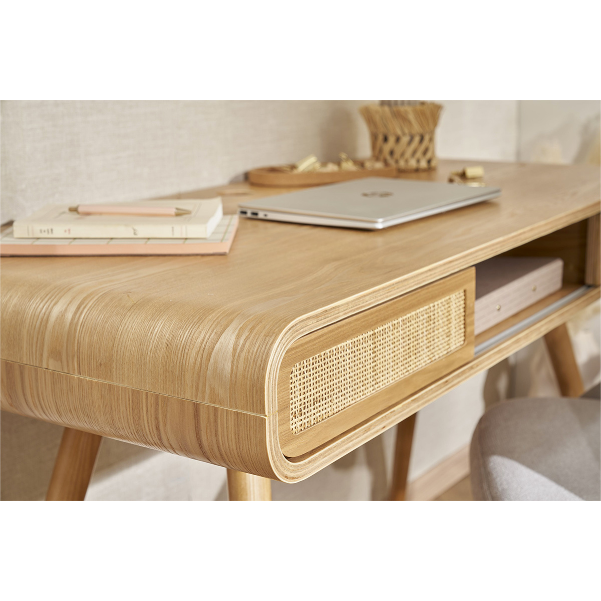 Bureau avec rangement vintage L120 cm OLYMPE frêne, MILIBOO