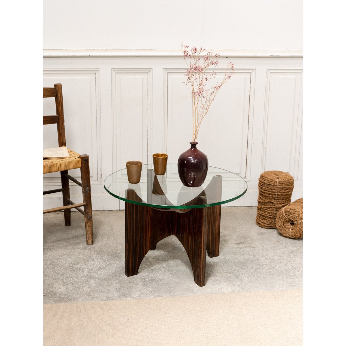 Table basse en verre et palissandre Donna N°1070 - Bon état bois foncé, DEBONGOUT