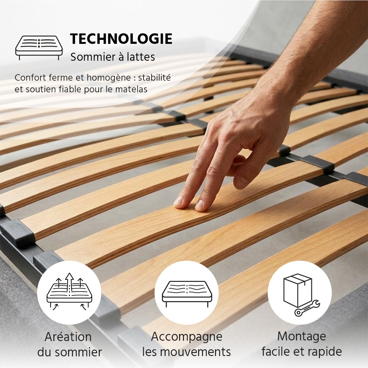 Sommier à lattes en bois Lino 90x190 cm Coloris Beige Livré en kit beige, BELLECOUR