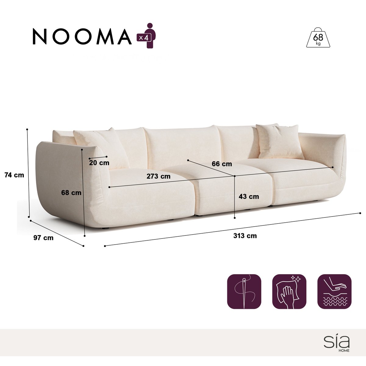 Canapé modulable 5 places en velours chenillé NOOMA crème, SIA HOME