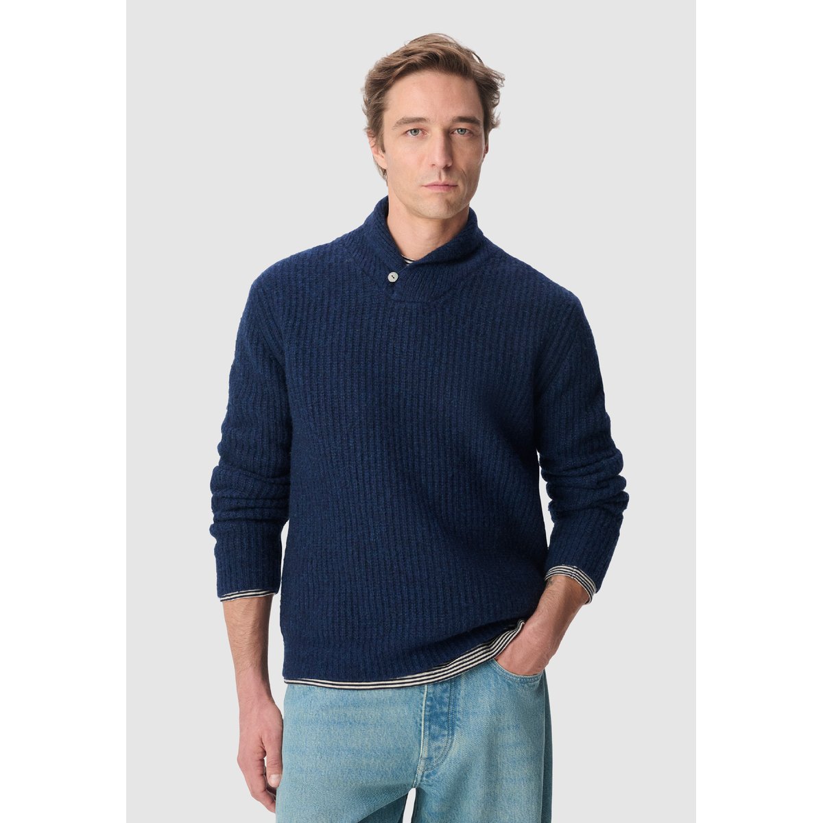 Pull col châle tricot bleu marine, IKKS