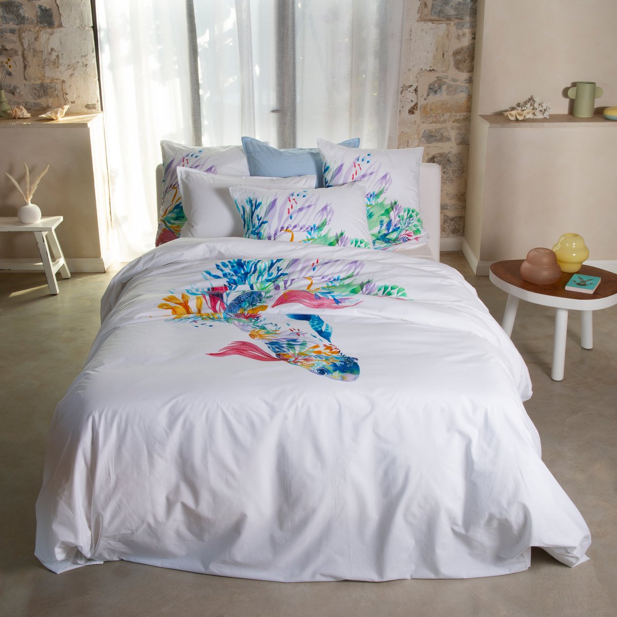 Housse de couette réversible coton DEMILUNE imprimé, CARRE BLANC