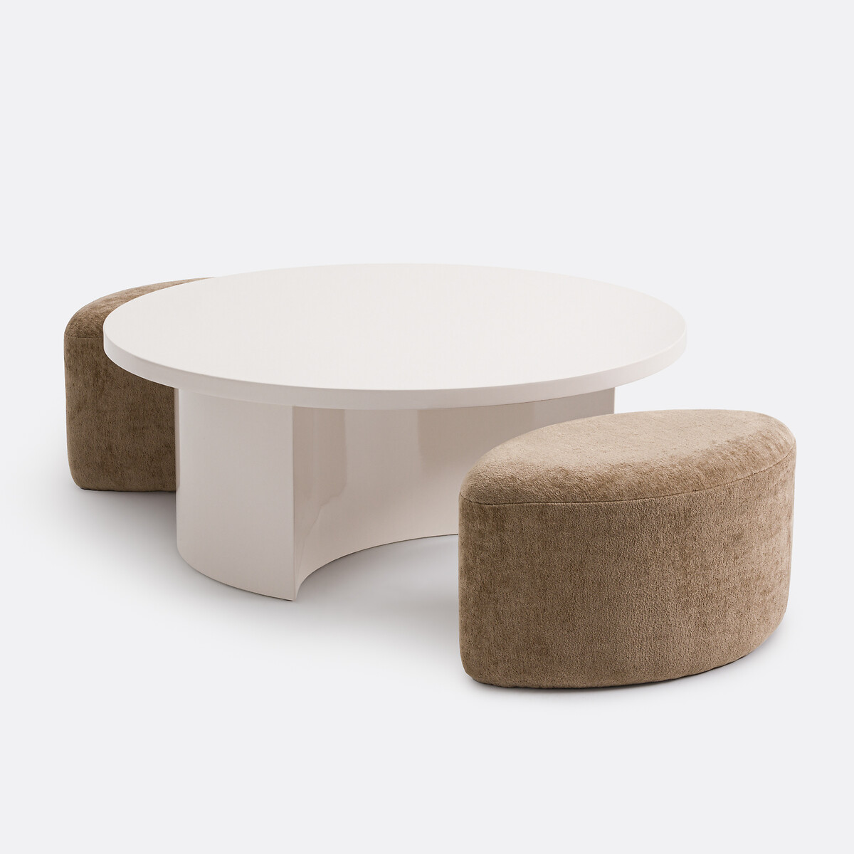 Table basse laquée, et ses 2 poufs en tissu texturé, JEN ecru, LA REDOUTE INTERIEURS