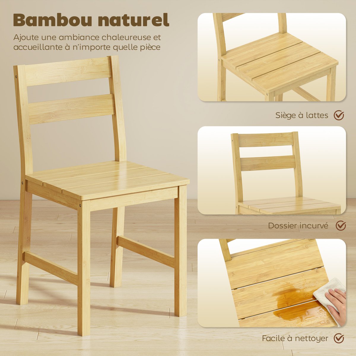 Chaise de salle à manger Bambou Bois naturel bois naturel, HOMCOM