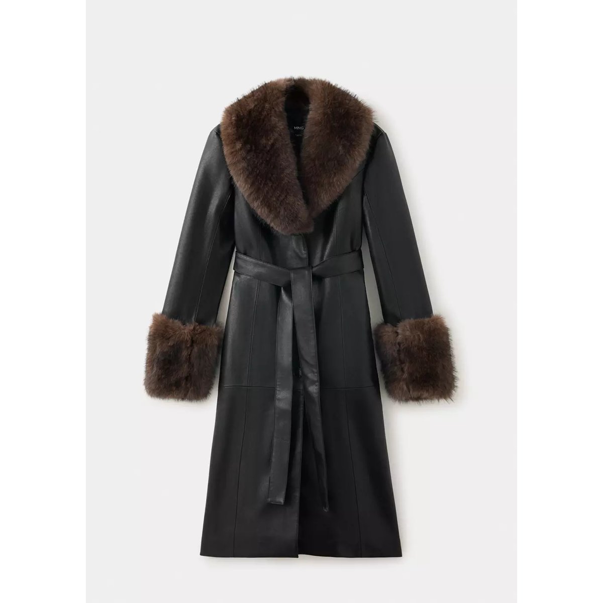 Manteau simili-cuir bordures imitation fourrure noir, MANGO