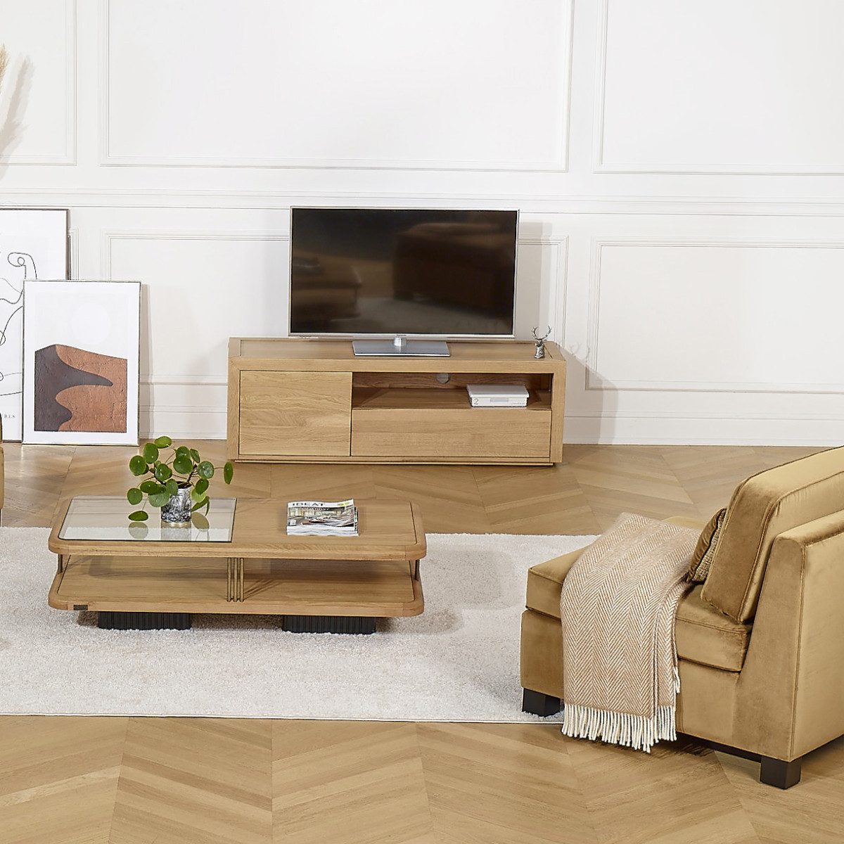 Meuble TV contemporain en chêne, 1 tiroir, 1 porte CAMILLE beige, ROBIN DES BOIS