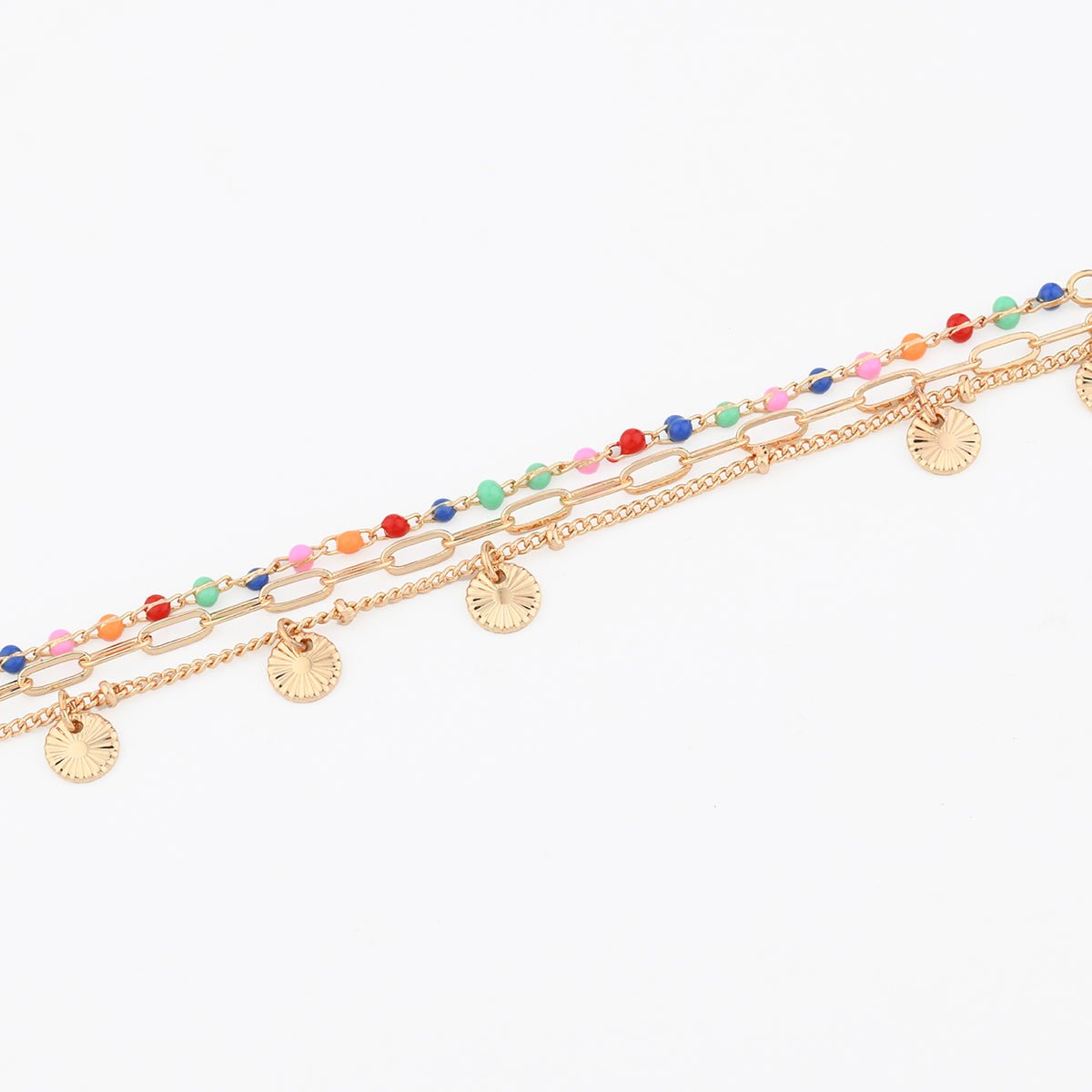 Chaine de cheville perles de rocaille multicolore et pampilles doré, BALABOOSTE