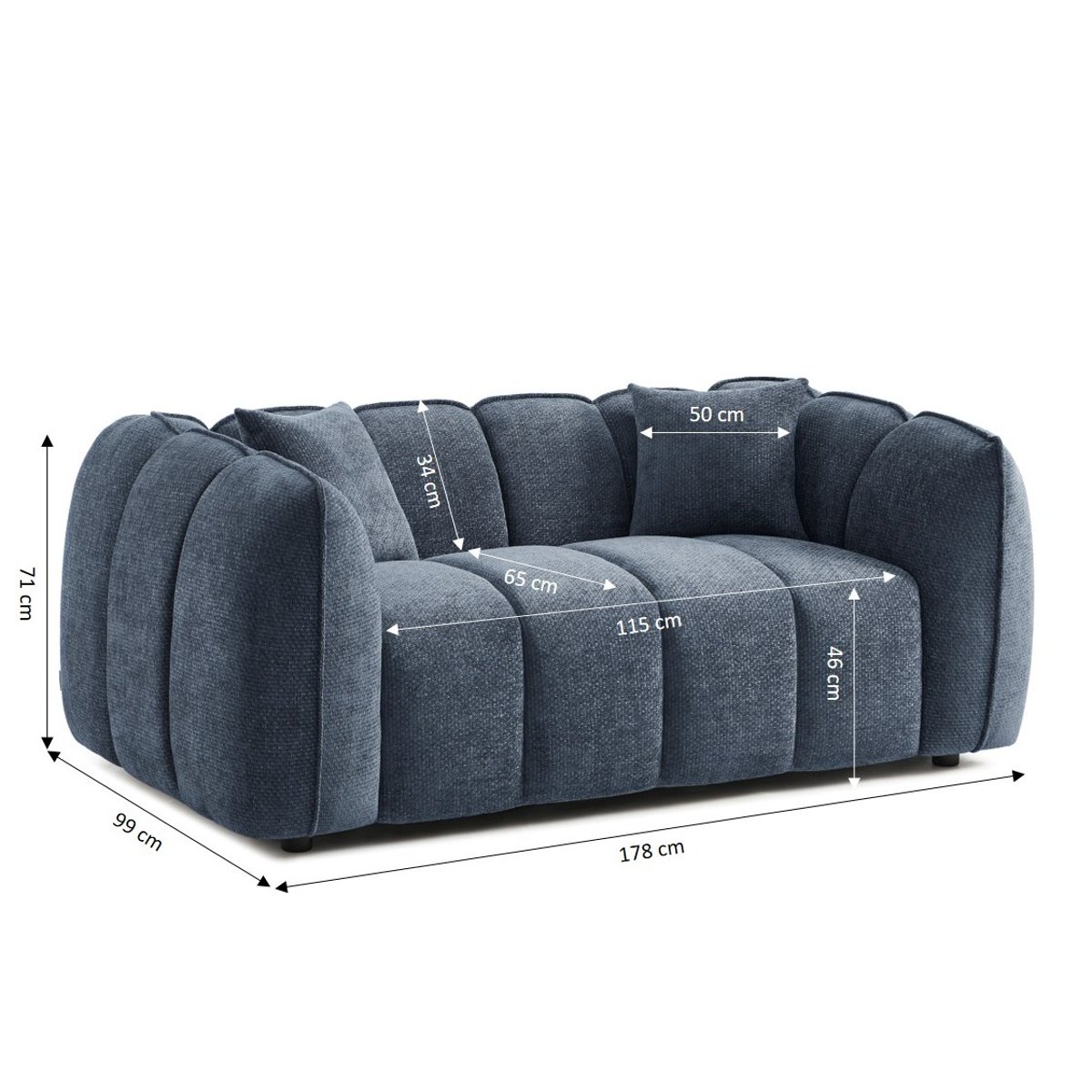 Canapé droit 2 places en tissu MATILDA bleu, SORELH