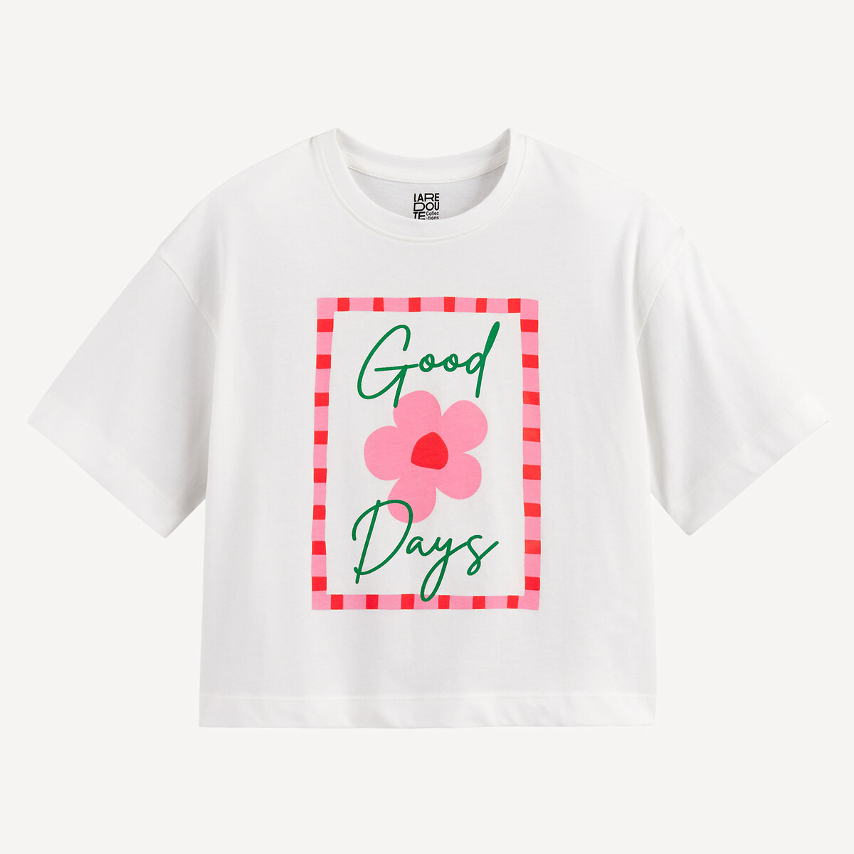 T-shirt met ronde hals, geprinte tekst en bloem 90003087, LA REDOUTE COLLECTIONS
