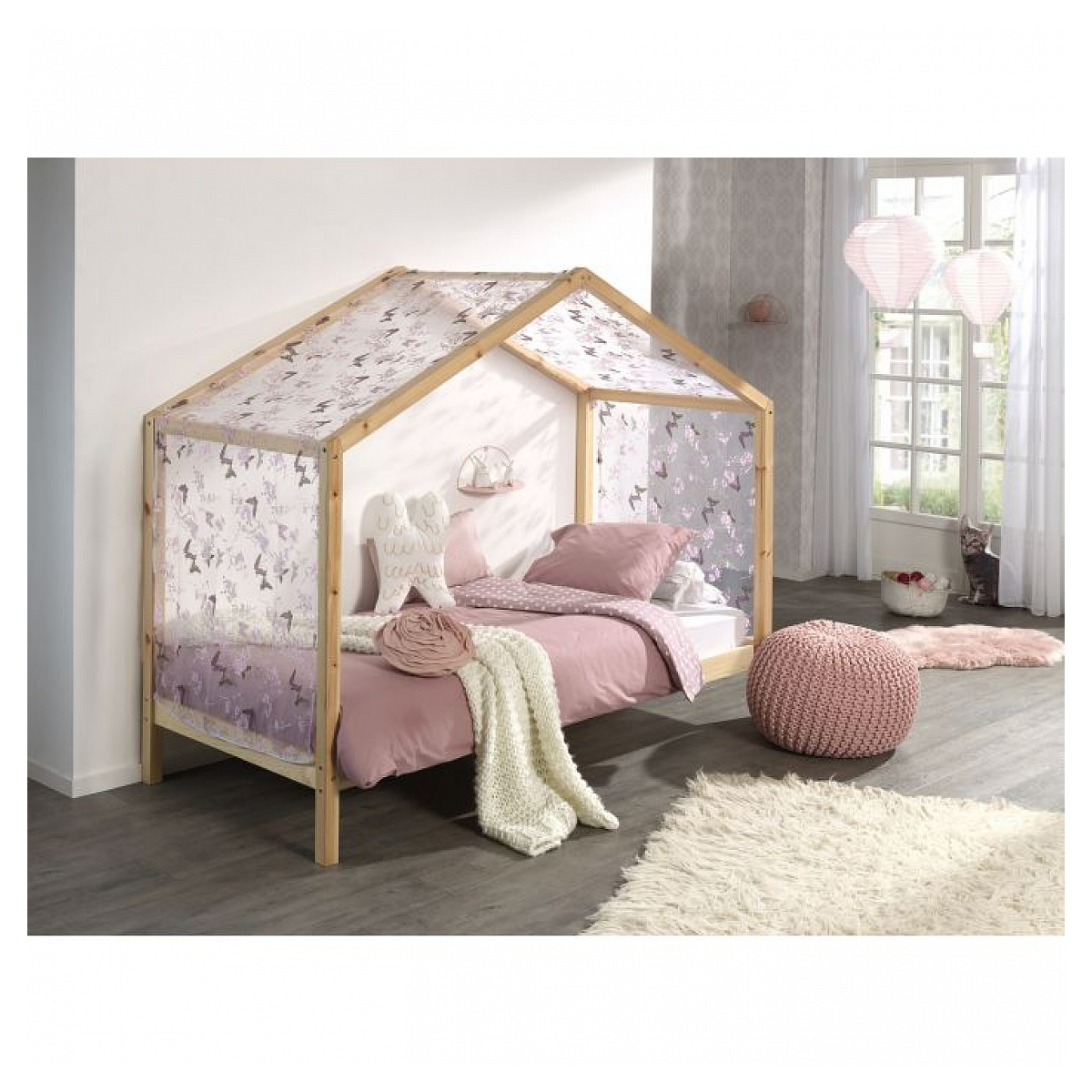 Dallas Lit cabane Naturel + Tente textile Papillon couleur unique, VIPACK