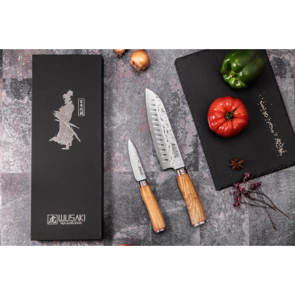 2 couteaux de cuisine Damas 10Cr en coffret élégant noir v002237, WUSAKI