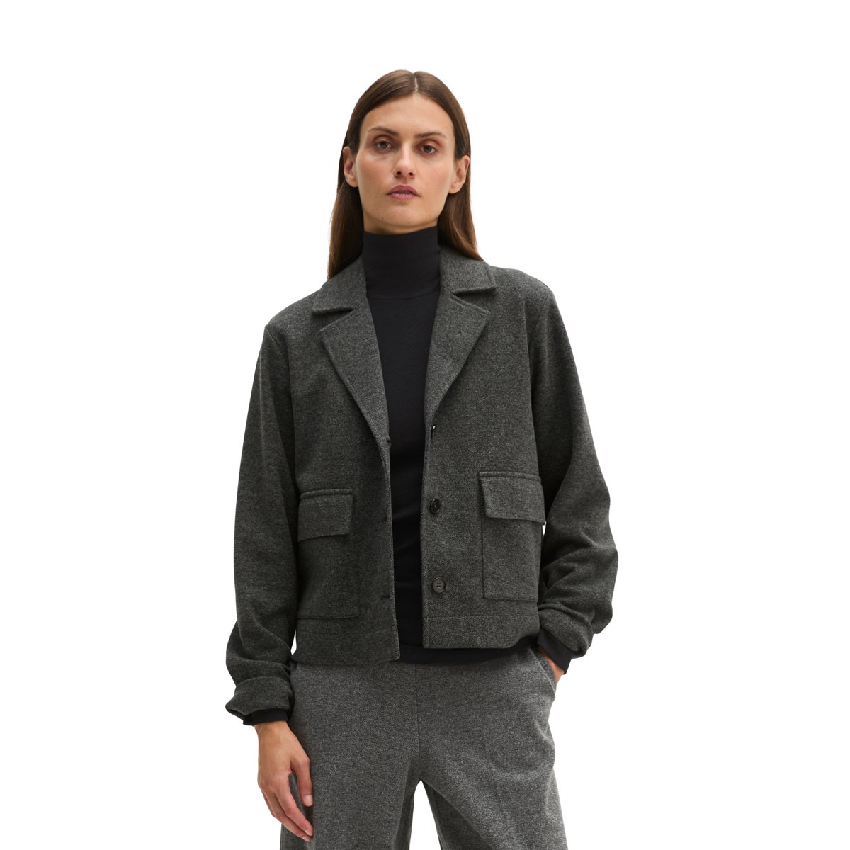 Blazer court en jersey de tweed Mélange extensible de coton bio, polyester et viscose gris, MARC O'POLO