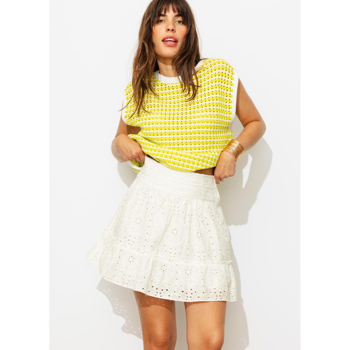Mini-jupe en broderie anglaise ecru, PROMOD