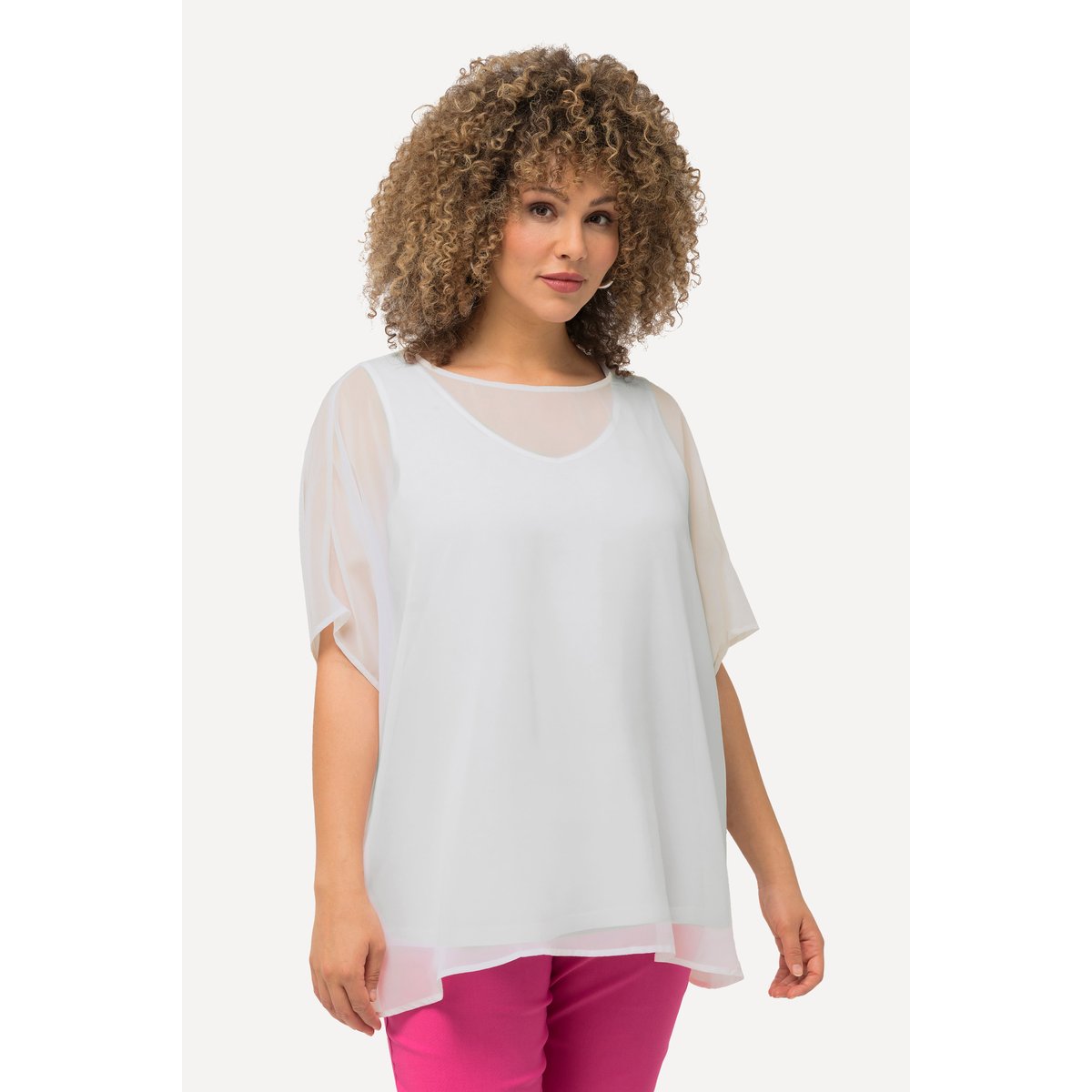 Blouse oversize en mousseline. Col rond et blanc neige, ULLA POPKEN