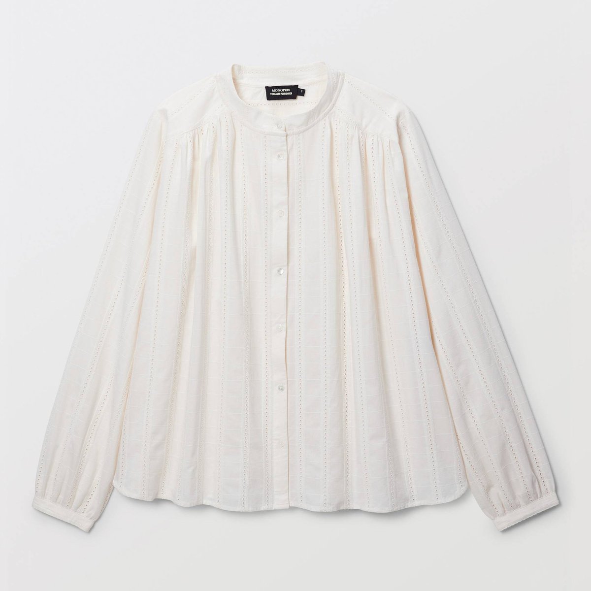 Blouse manches longues en dentelle en coton ecru, MONOPRIX