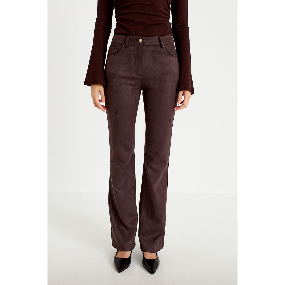 Pantalon bootcut aspect daim marron foncé, CACHE CACHE
