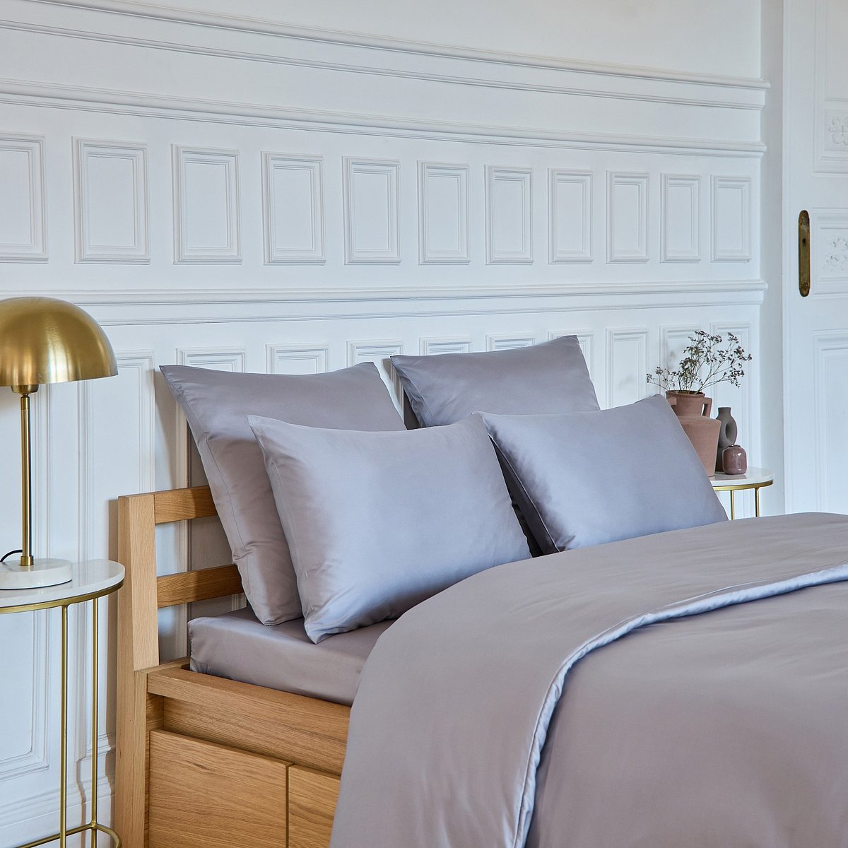 Drap housse en satin de coton ALEXANE gris, HABITAT