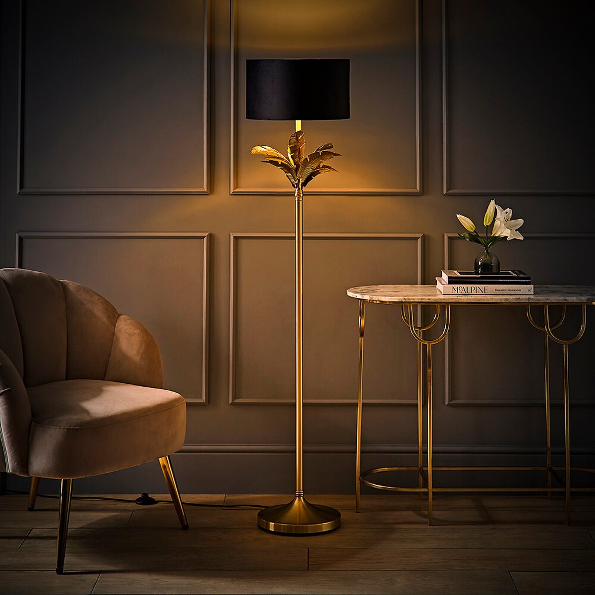 Chrissy Gold Palm Leaf Floor Lamp with Velvet Drum Shade black, SO'HOME