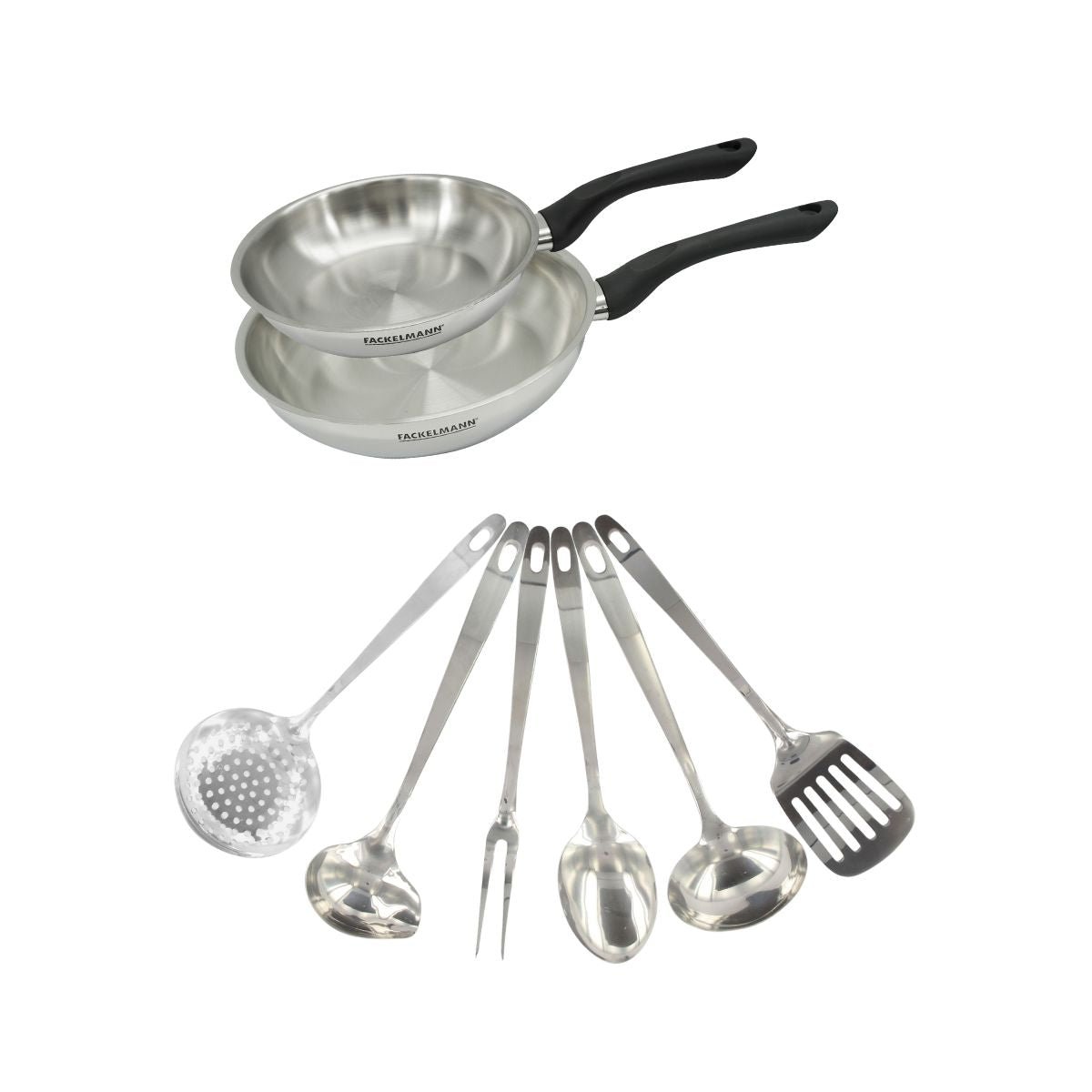 Set 2 poêles 20 et en inox et 6 ustensiles inox GENEVA inox|noir, FACKELMANN