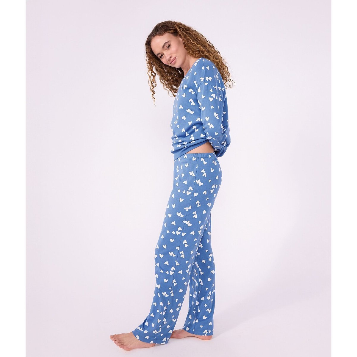 Pijama de 2 peças, em algodão, com estampado de corações azul/branco, PETIT BATEAU