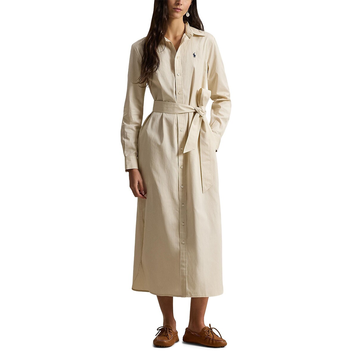 Abito chemisier a righe, maniche lunghe con cintura righe beige / bianco, POLO RALPH LAUREN