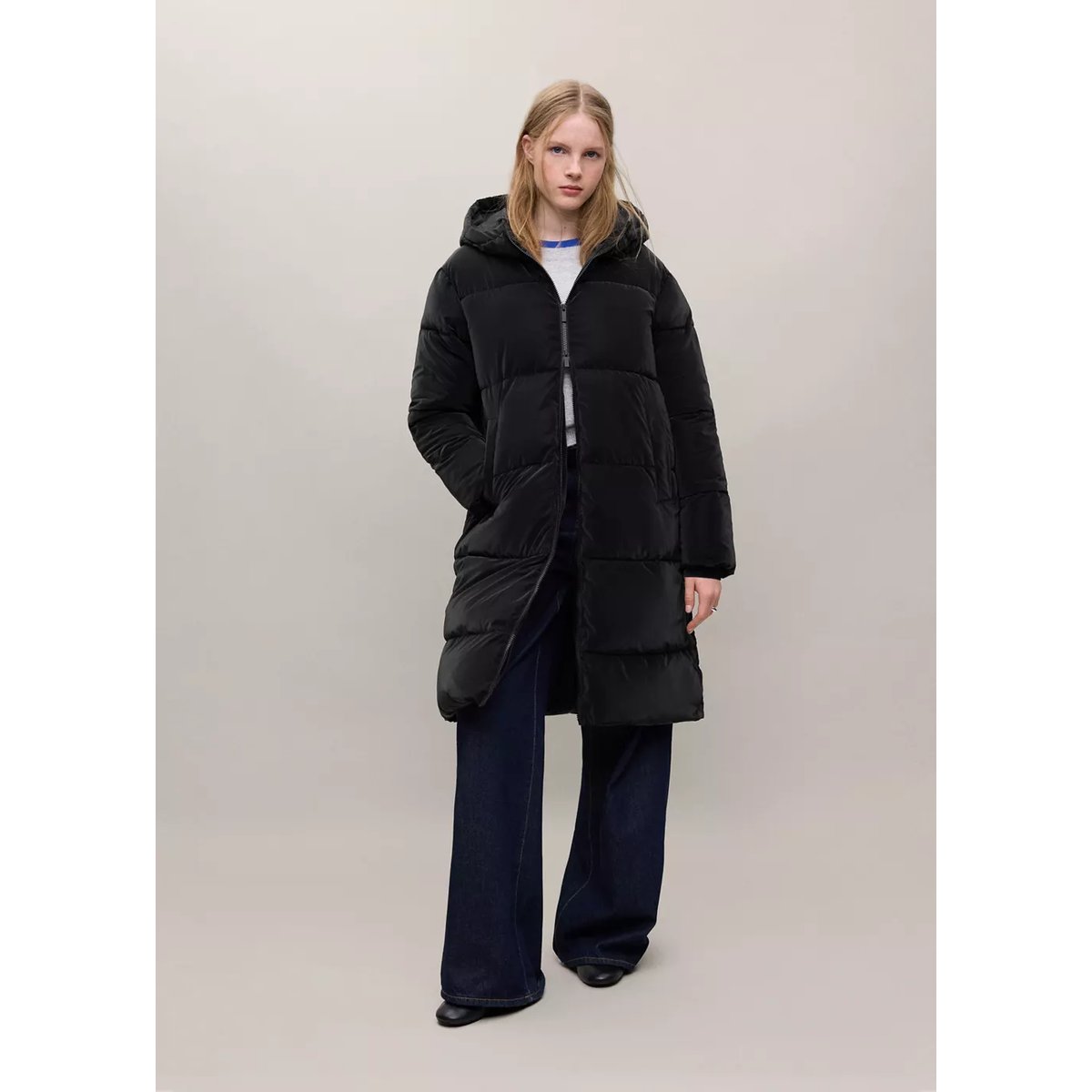 Anorak matelassé long avec capuche noir, MANGO TEEN