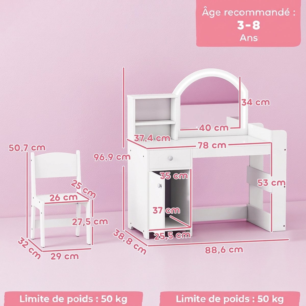 Ensemble de coiffeuse pour enfants MDF Blanc blanc, AIYAPLAY