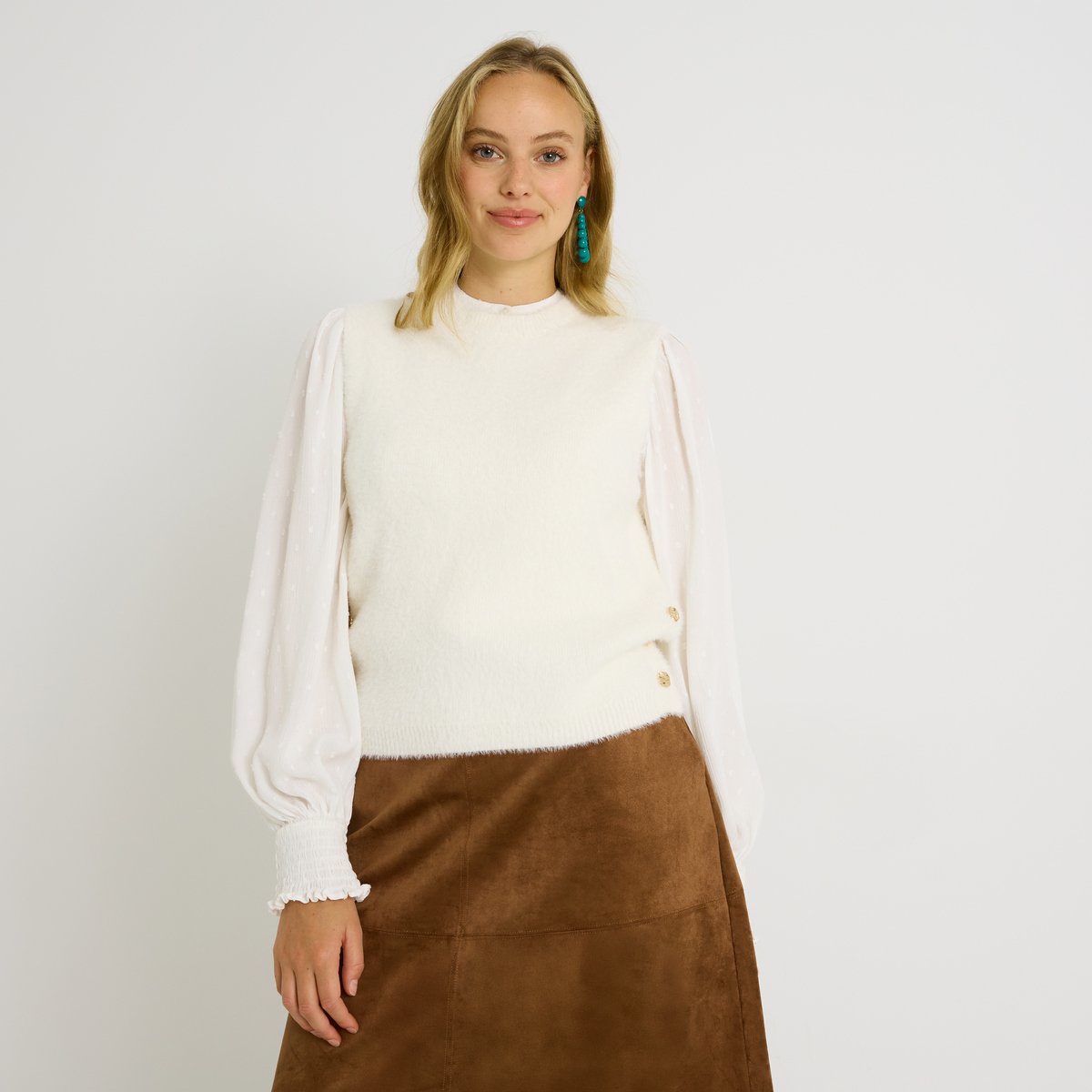 Pull fluffy sans manches blanc cassé ecru, GRAIN DE MALICE