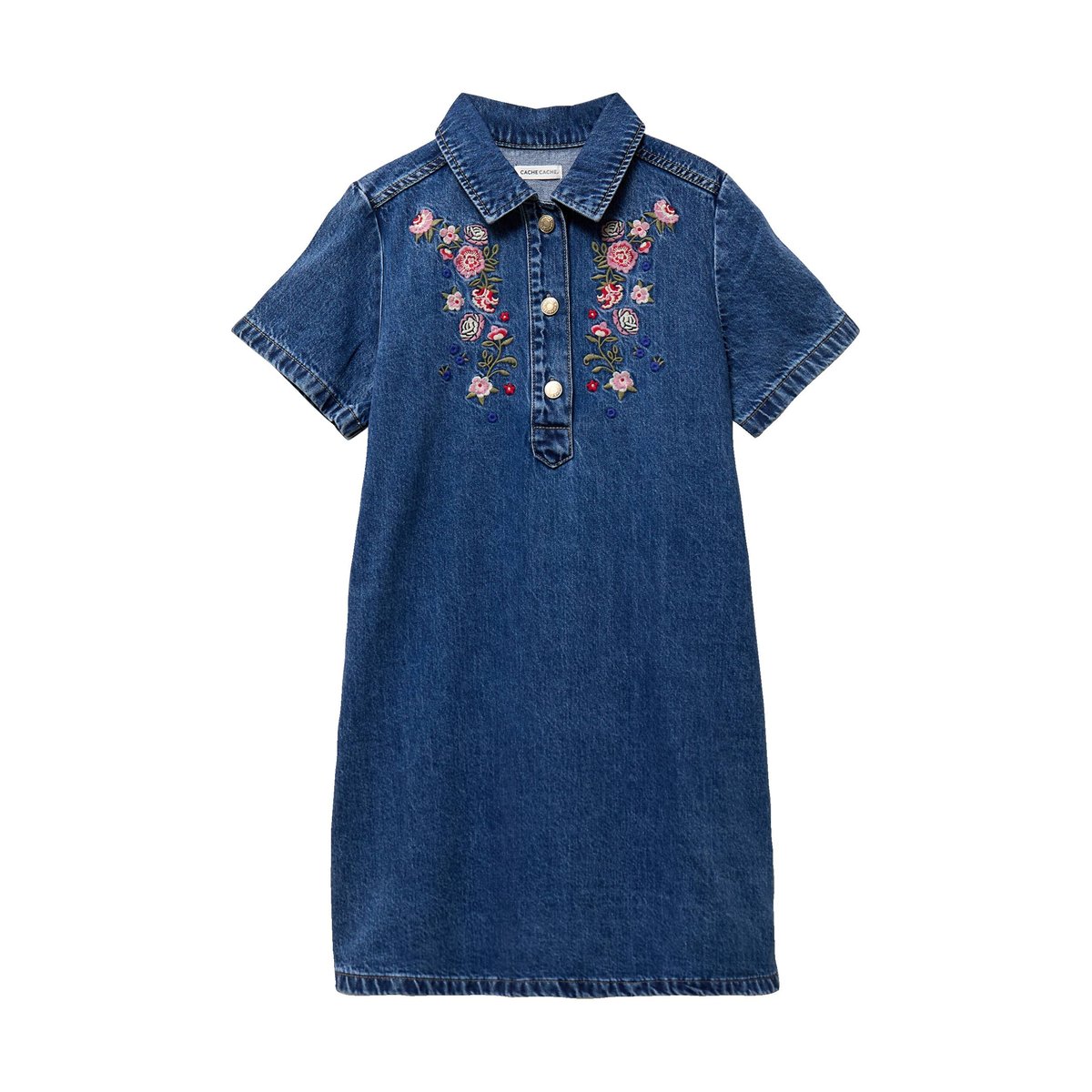 Robe droite courte en jean col chemise denim stone, CACHE CACHE