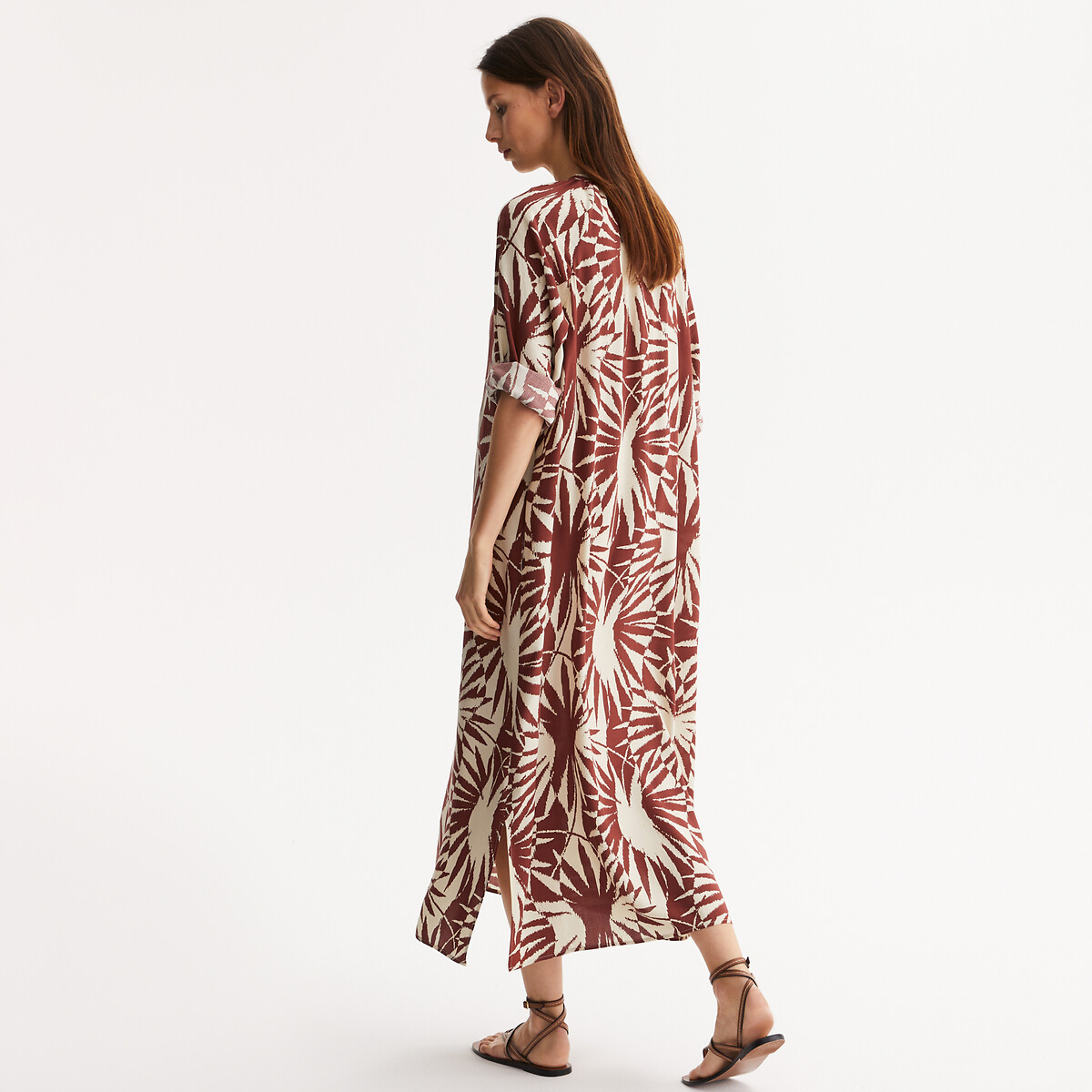 Maxi Shift Dress with Graphic Print and 3/4 Length Sleeves ivory print, ANNE WEYBURN