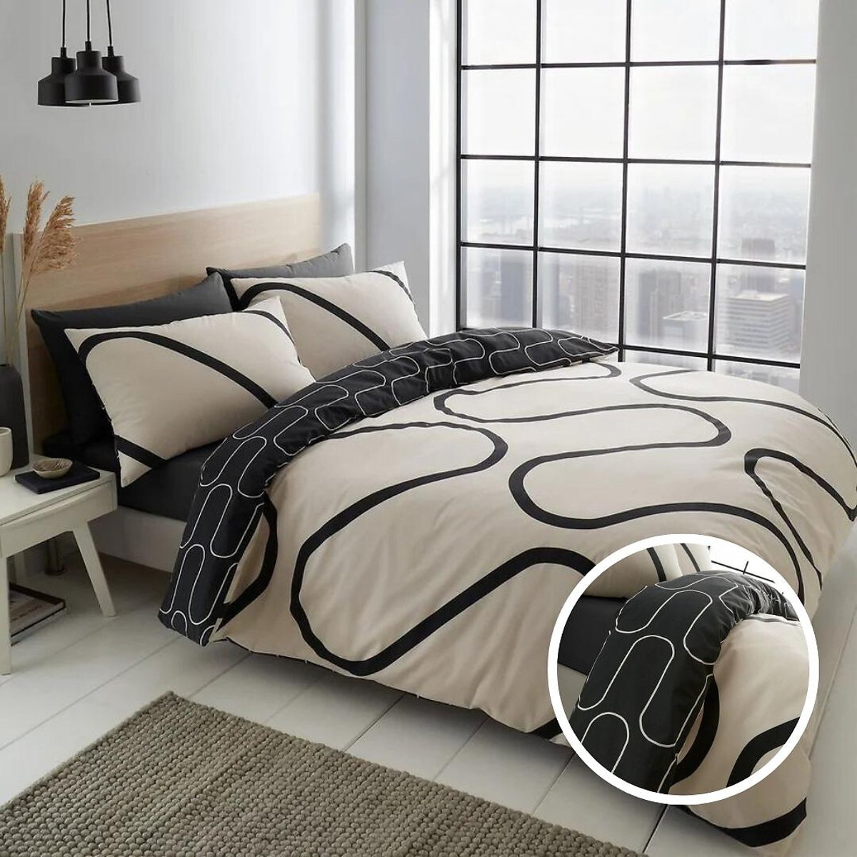 Linear Curve Geometric Cotton Mix Duvet Cover and Pillowcase Set black, CATHERINE LANSFIELD