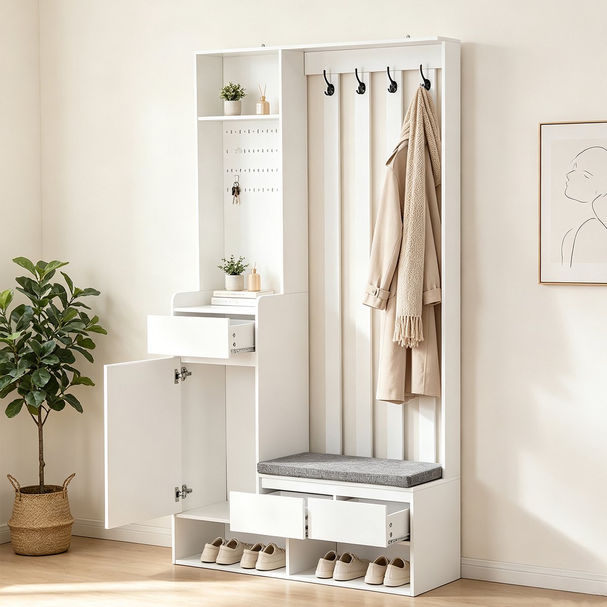 Vestiaire d'entrée avec banc et rangement, PORTER-D blanc, MEUBLES COSY