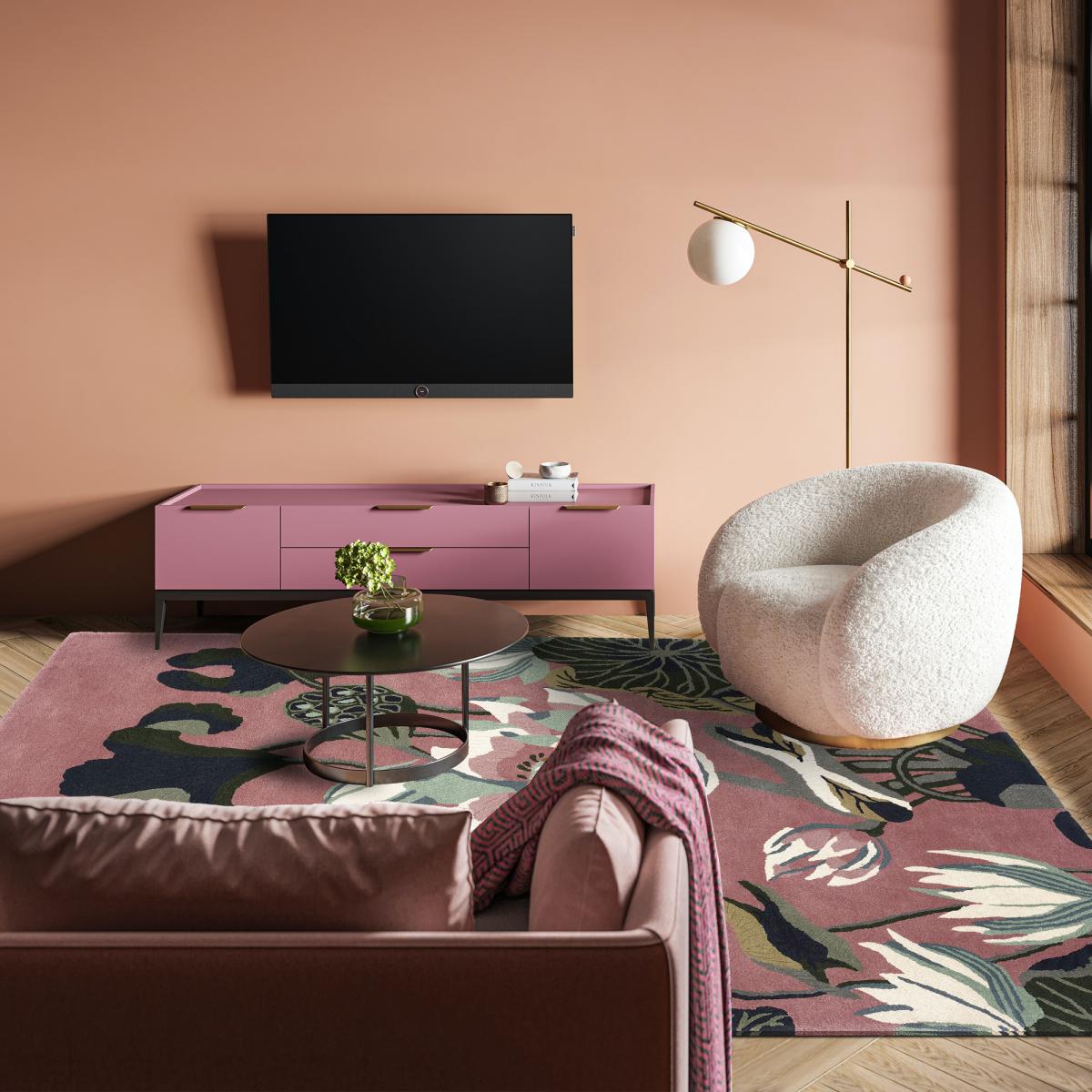 Tapis salon et chambre fait à la main en laine motif floral WATERLILY rose, vert, beige, UN AMOUR DE TAPIS