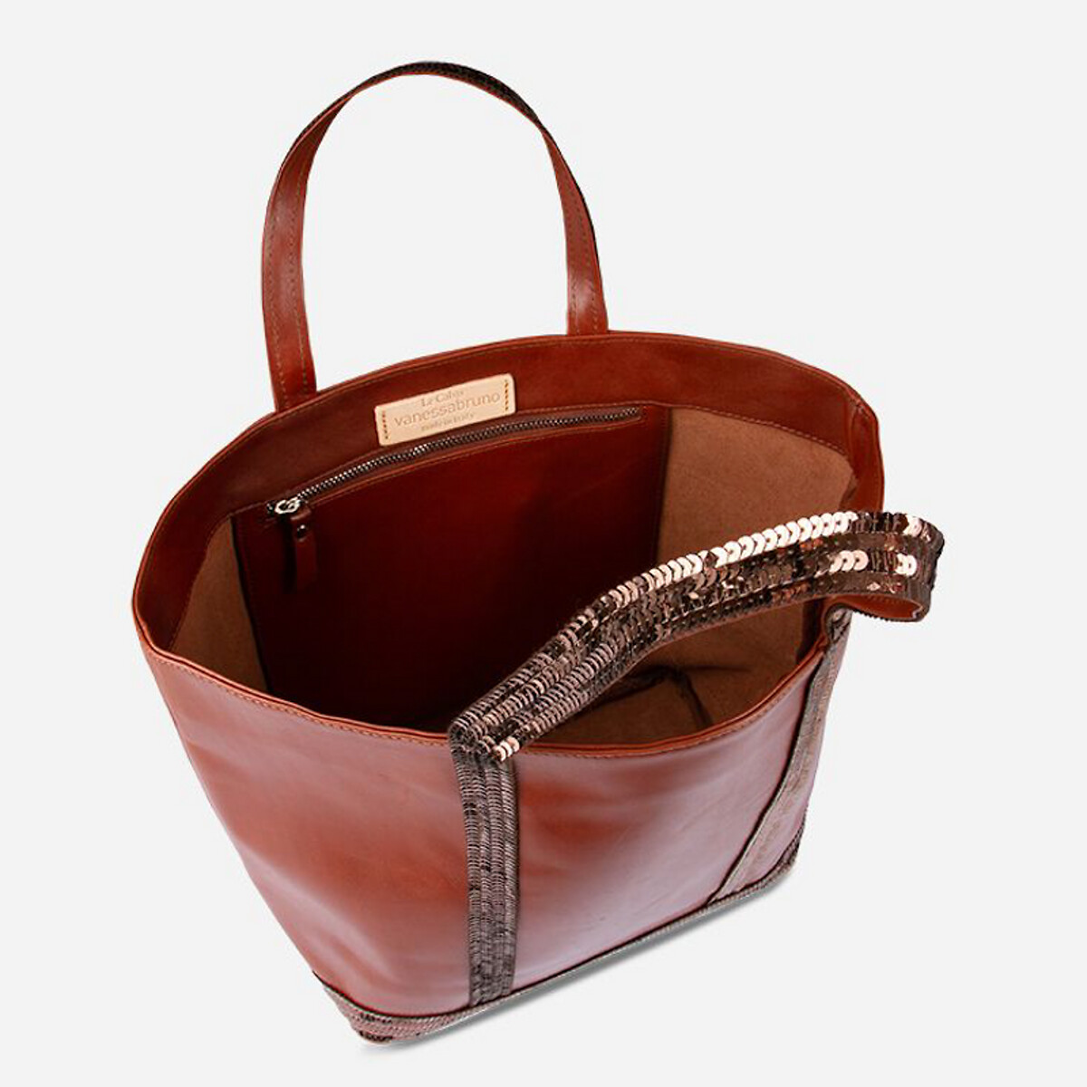 Medium Leather Tote Bag with Sequin Trim brown, VANESSA BRUNO