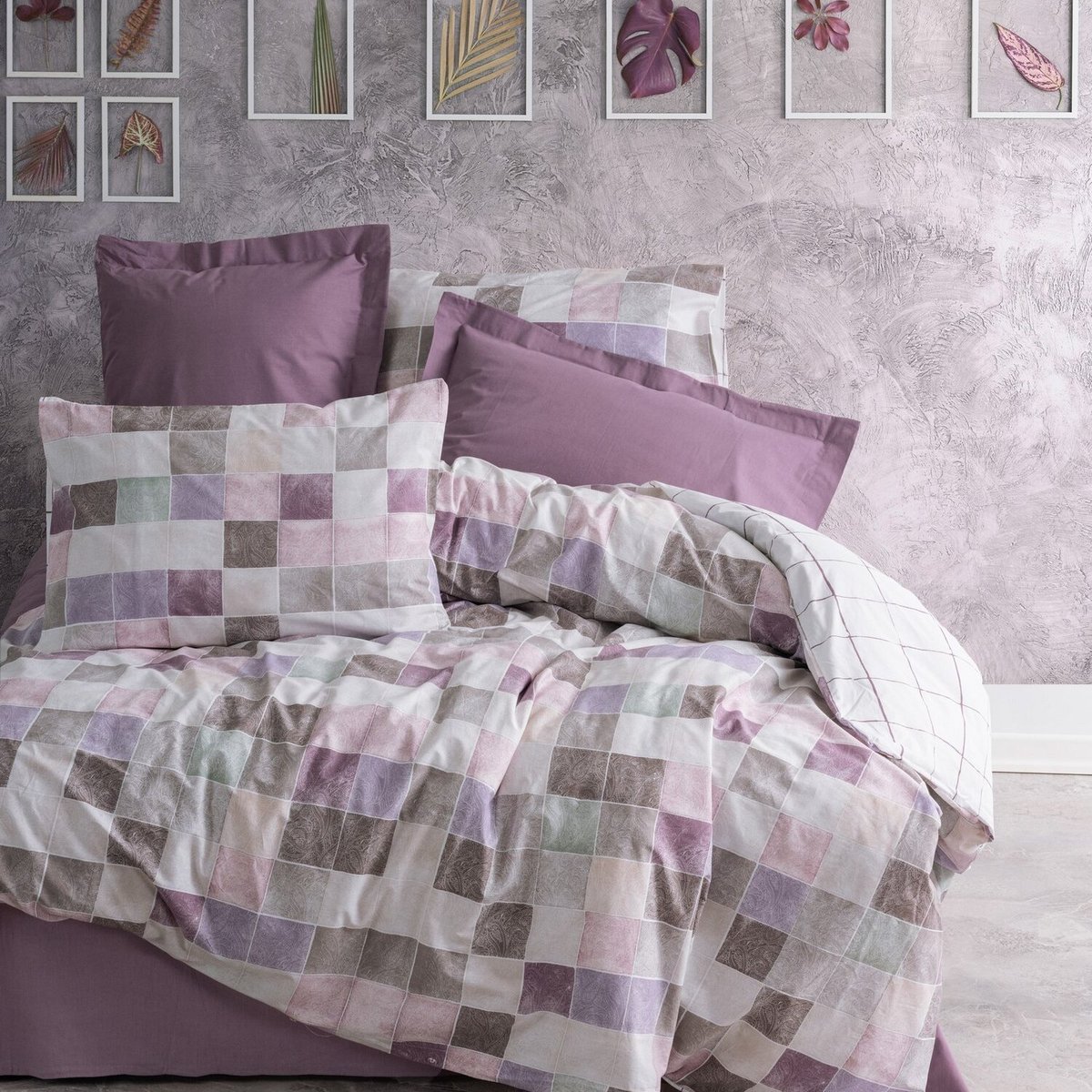 Parure housse de couette coton imprimée carreaux, Maro violet, C DESIGN HOME TEXTILE