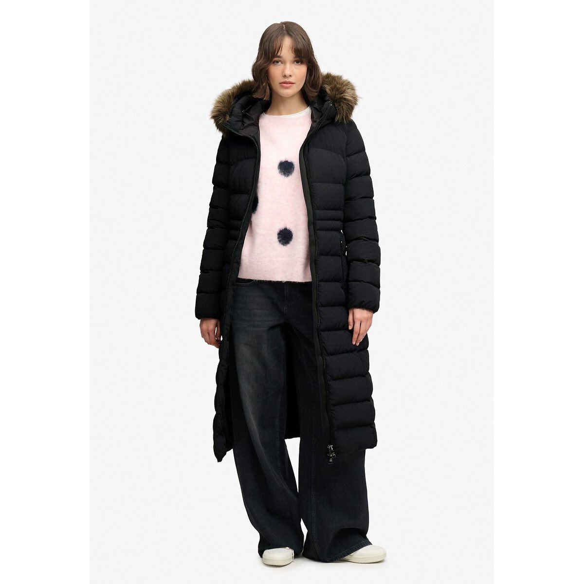 Veste Fuji Longue à Capuche en imitation Fourrure noir, SUPERDRY