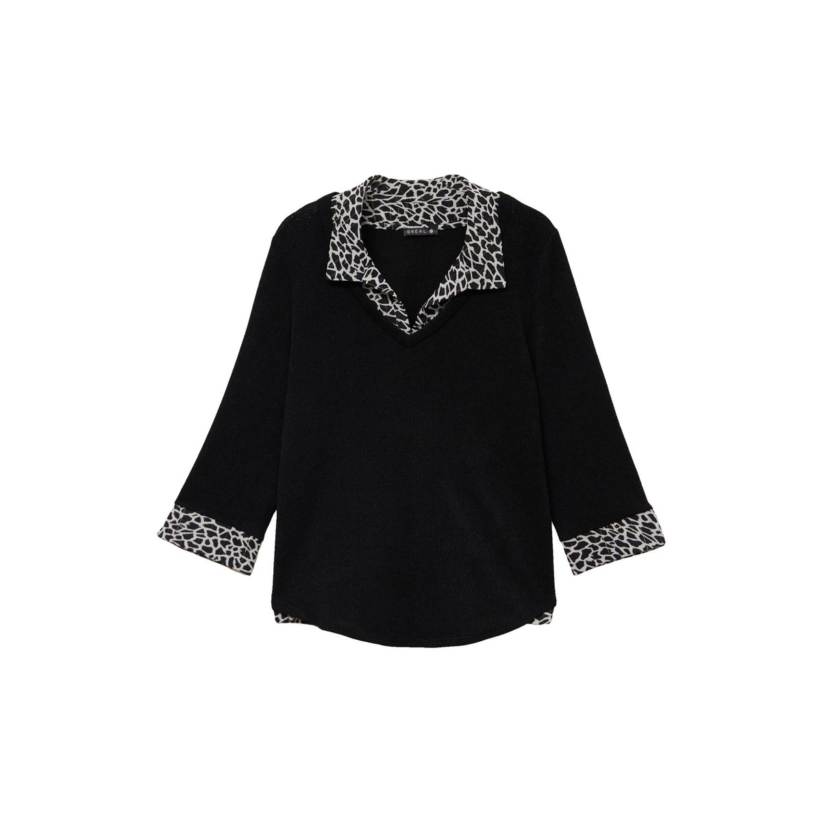 T-shirt col chemise manches 3/4 noir, BREAL