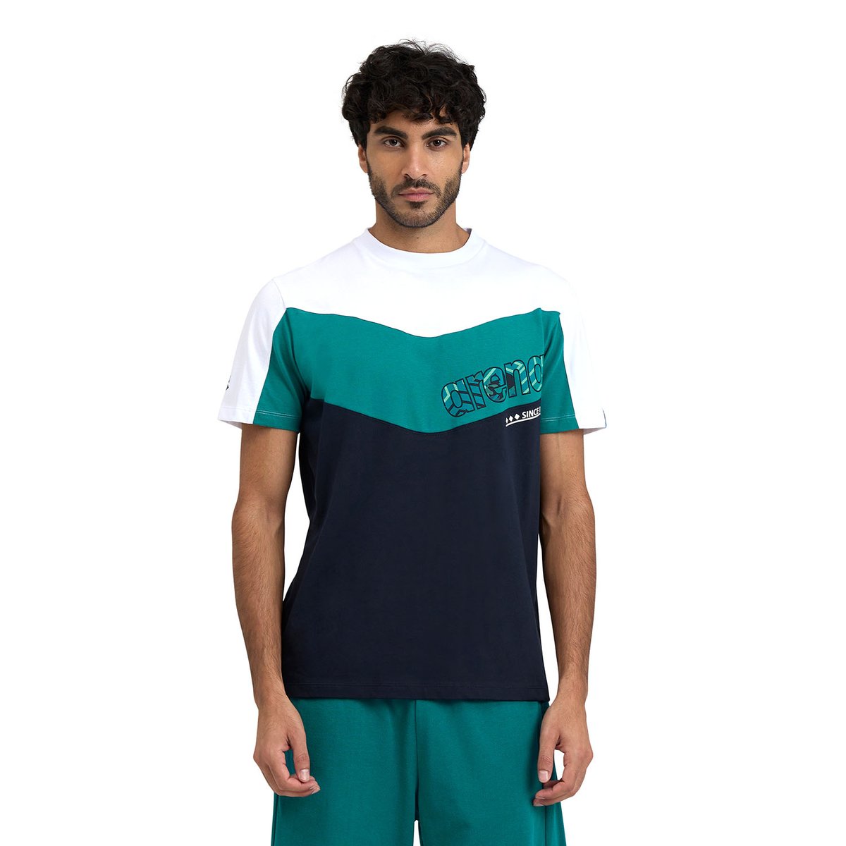 T-shirt unisexe en coton Colour Block white-green lake-kikko pro navy, ARENA