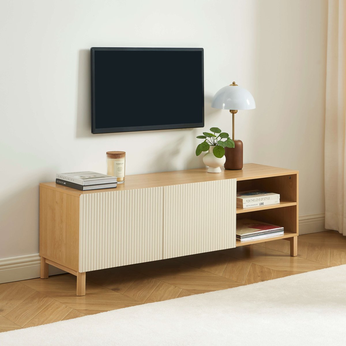 Meuble TV 2 portes  ORCA beige et chêne, BAÏTA