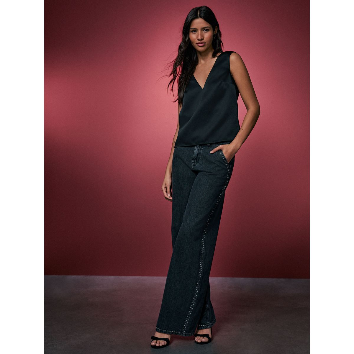 Jean large palazzo taille haute avec clous gris, NEXT