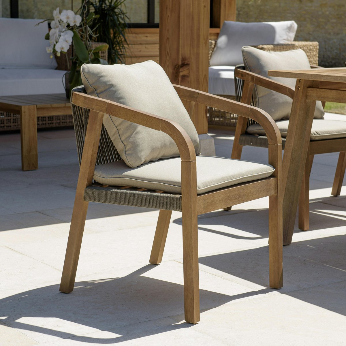 Fauteuil de jardin acacia et cordage vert avec coussins (lot de 2) BAHIA bois naturel, PIER IMPORT
